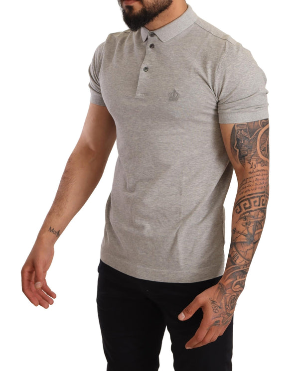 Gray Cotton Logo Embroidery Polo T-shirt