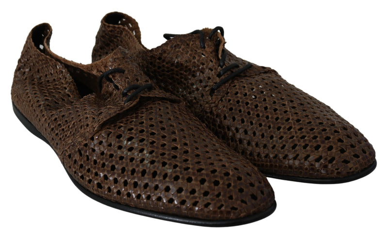 Brown Leather Hand-woven Derby Shoes