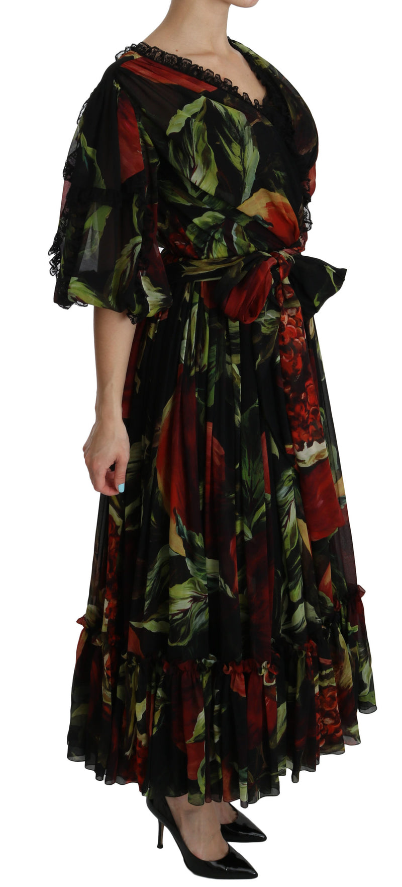 Black Floral Roses Pleated Maxi Silk