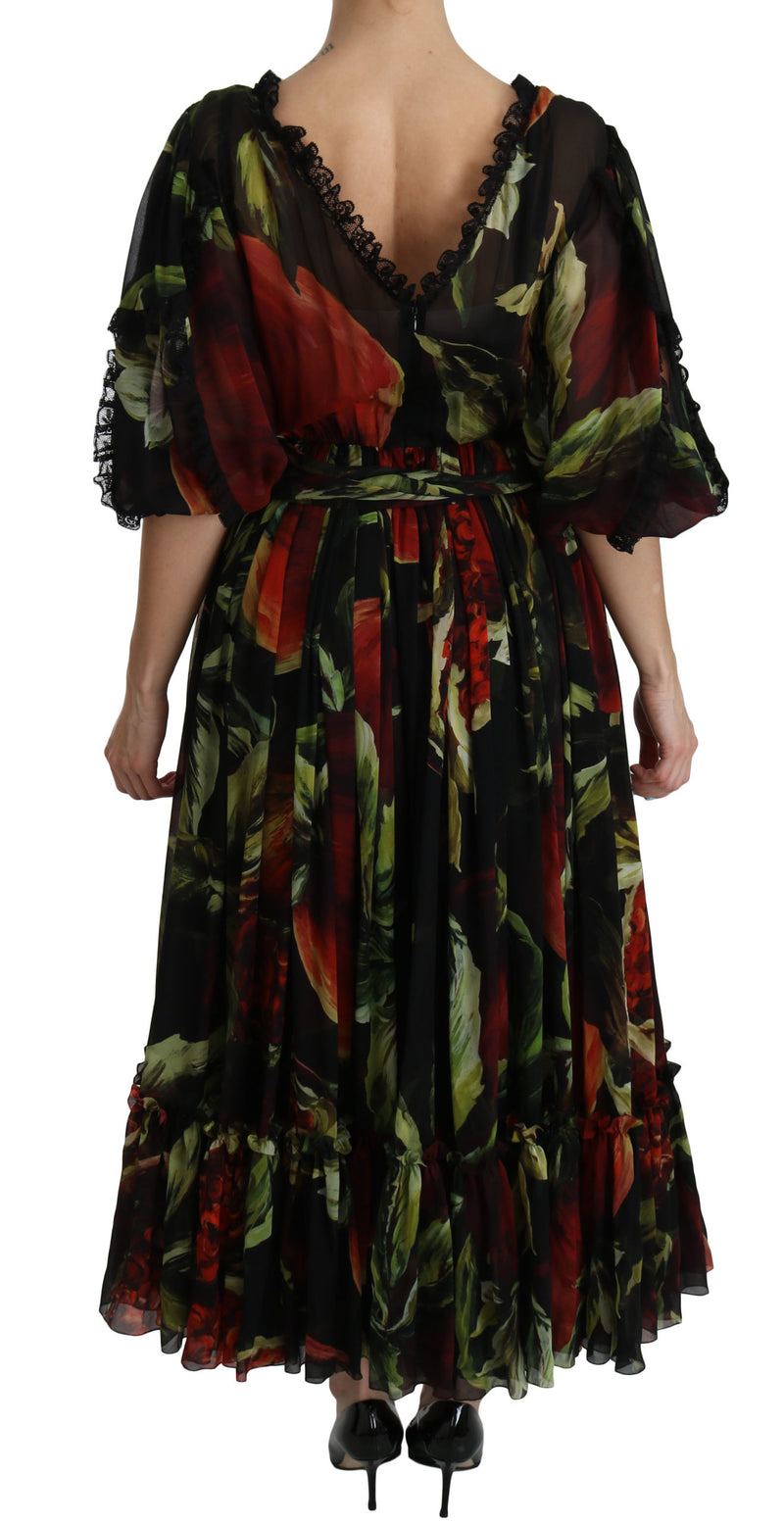 Black Floral Roses Pleated Maxi Silk