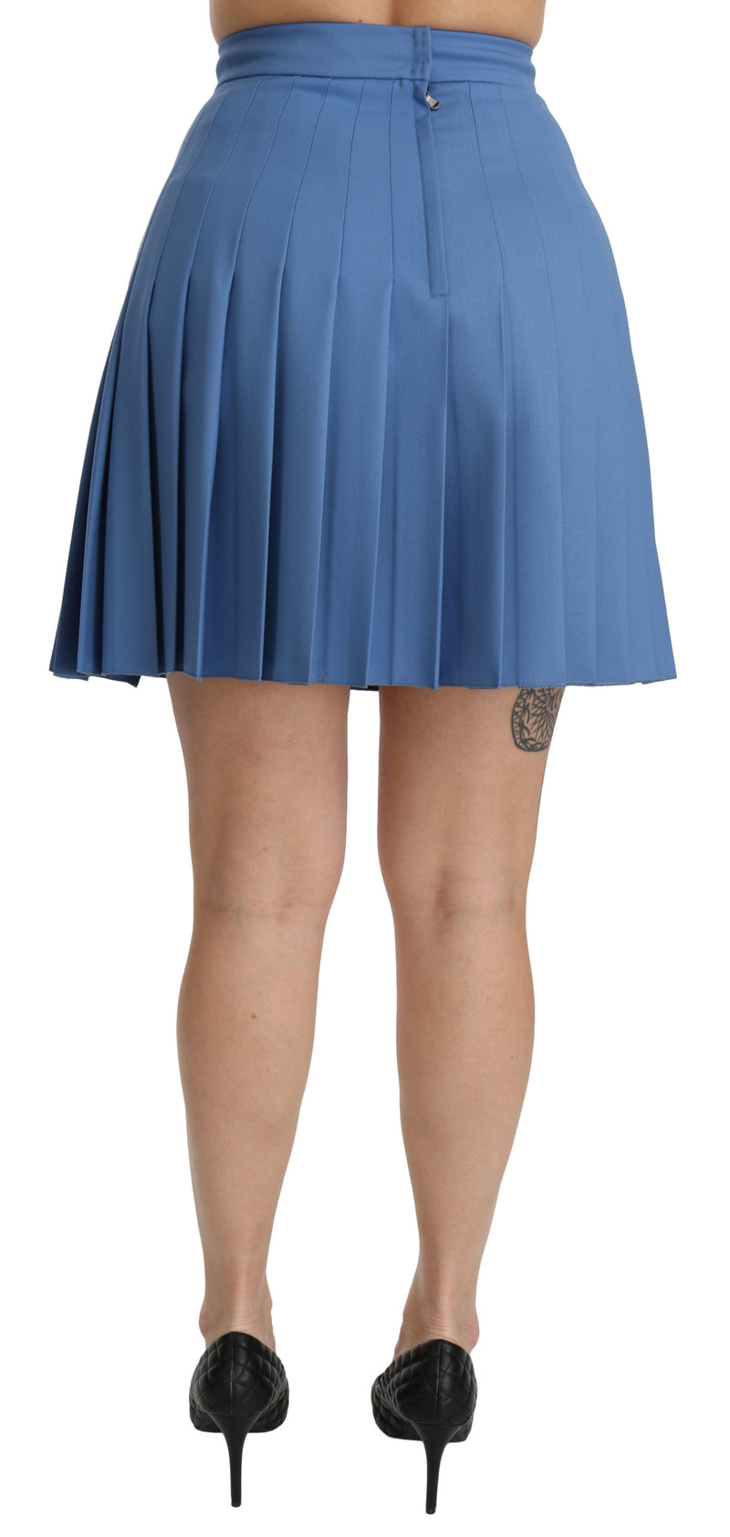 Blue Pleated High Waist Mini Wool Skirt