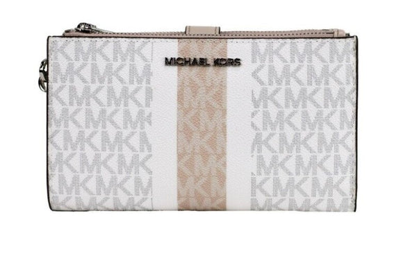 Jet Set Light Sand Multi Striped PVC Large Double Zip Wrist Wallet