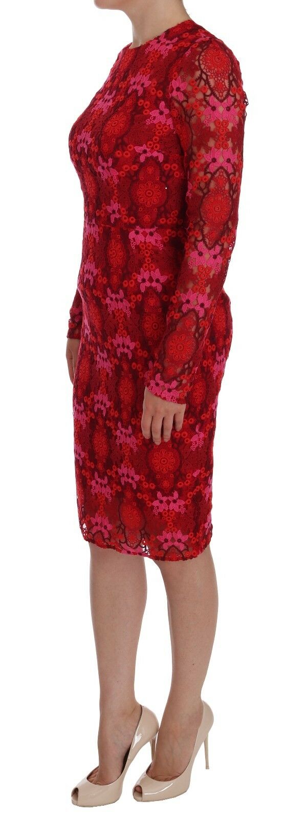Red Floral Ricamo Sheath Long Sleeve Dress