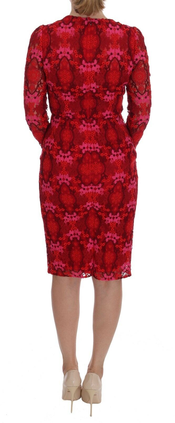 Red Floral Ricamo Sheath Long Sleeve Dress