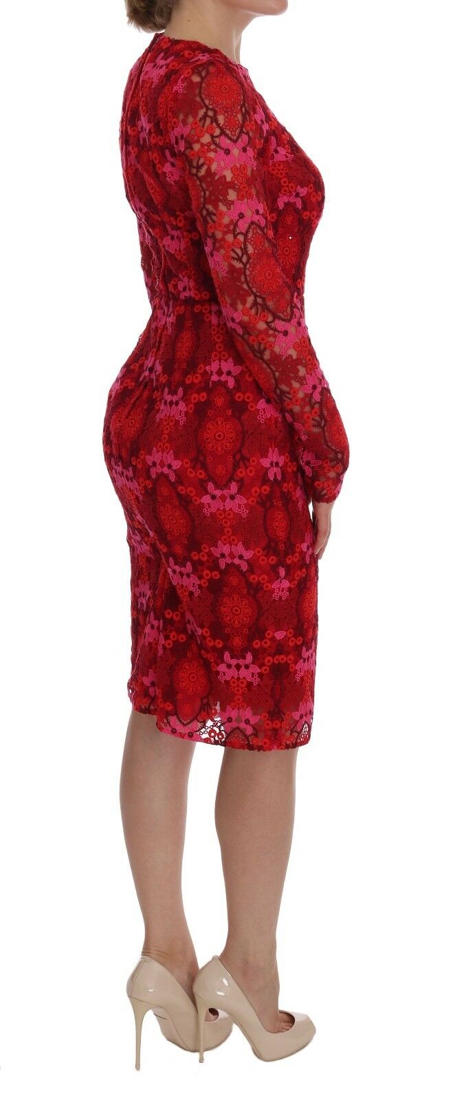 Red Floral Ricamo Sheath Long Sleeve Dress