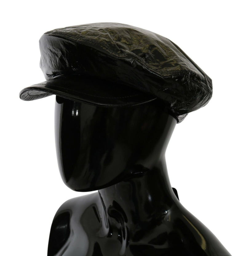 Black Shiny Leather Newsboy Cap Hat