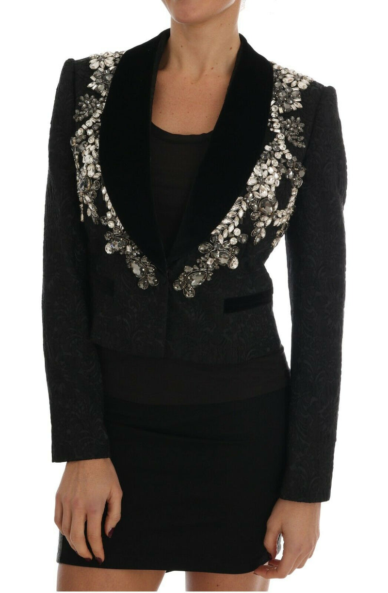 Black Crystal Embellished Jacket Blazer Brocade
