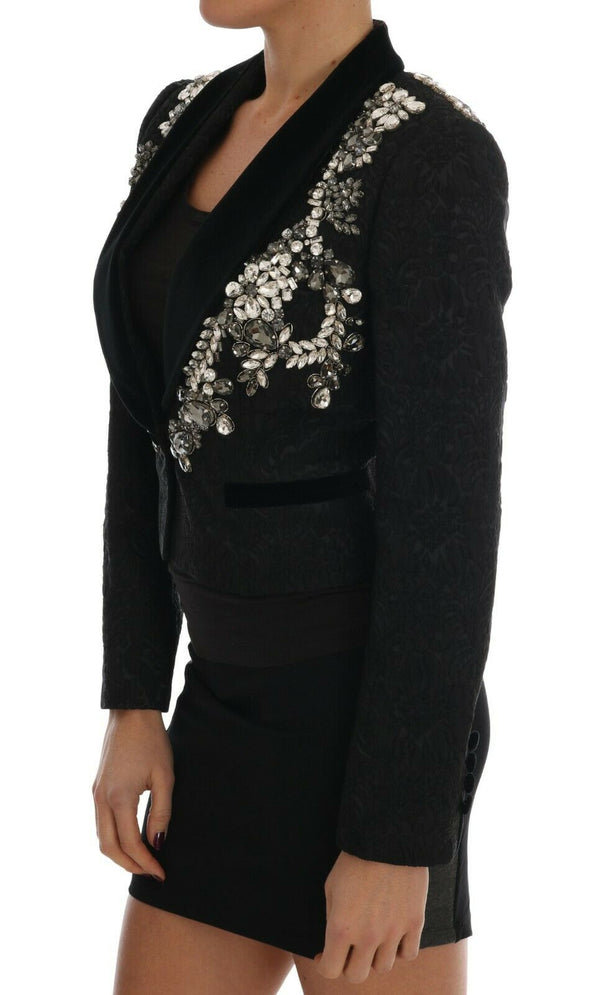Black Crystal Embellished Jacket Blazer Brocade