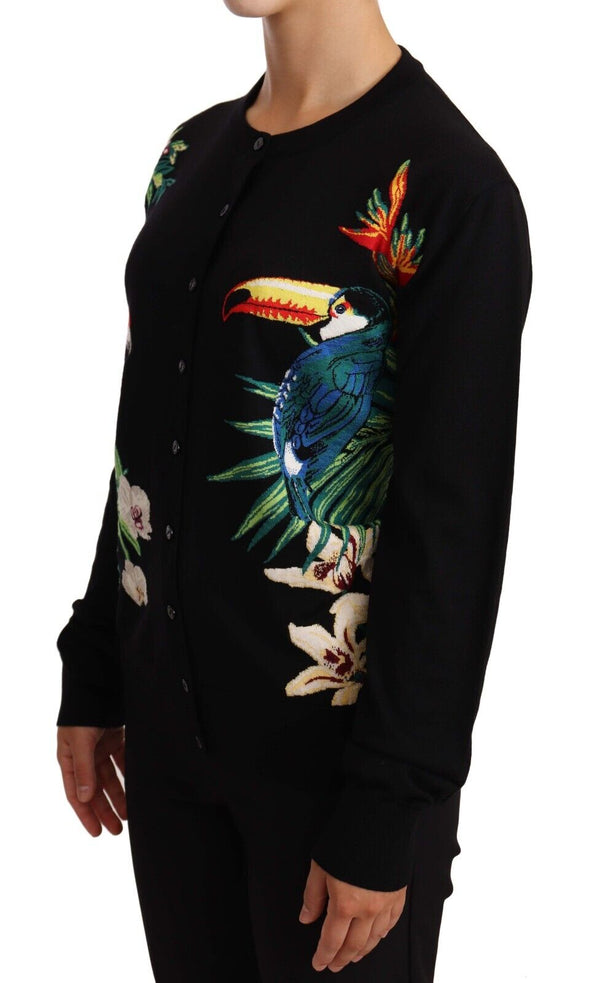 Black Wool Bird Embroidered Cardigan Sweater
