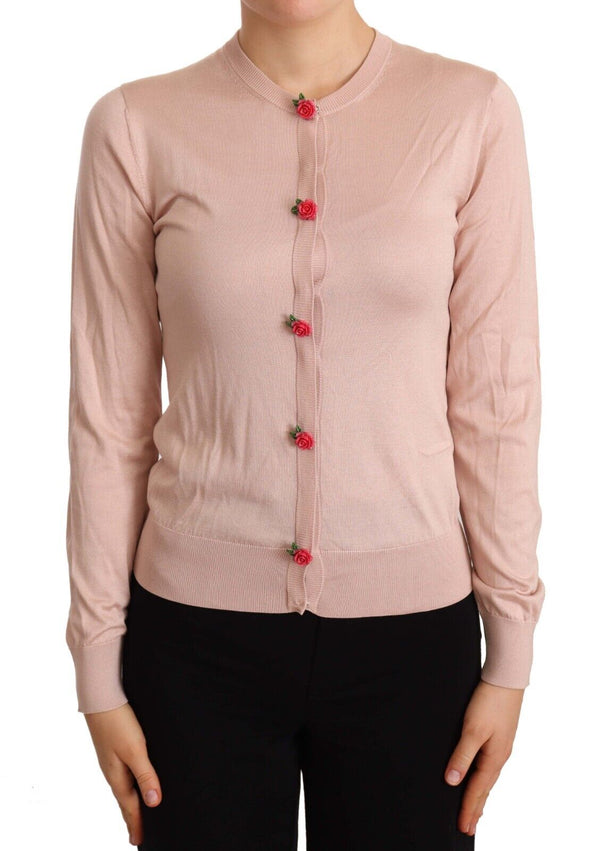 Pink Silk Knit Rose Button Cardigan Sweater