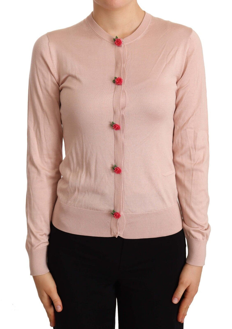 Pink Silk Knit Rose Button Cardigan Sweater