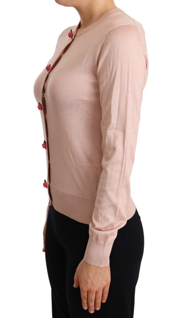 Pink Silk Knit Rose Button Cardigan Sweater