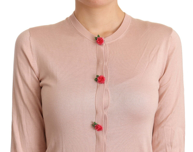 Pink Silk Knit Rose Button Cardigan Sweater