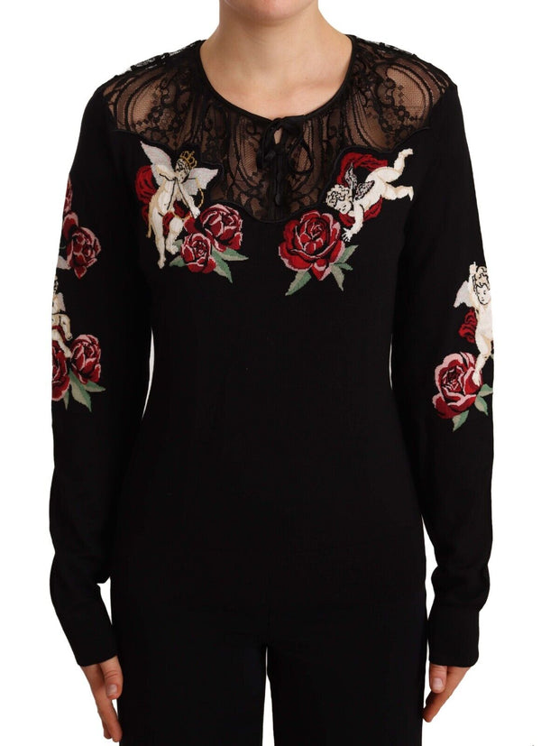 Black Silk Knit Roses Angel Pullover Sweater