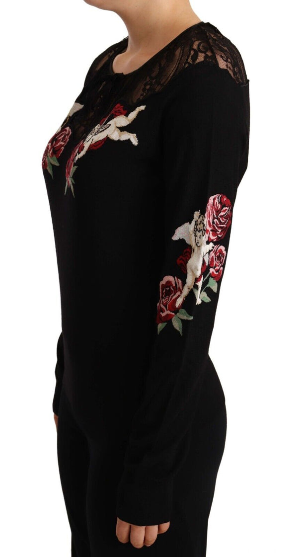 Black Silk Knit Roses Angel Pullover Sweater