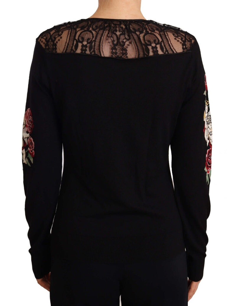 Black Silk Knit Roses Angel Pullover Sweater