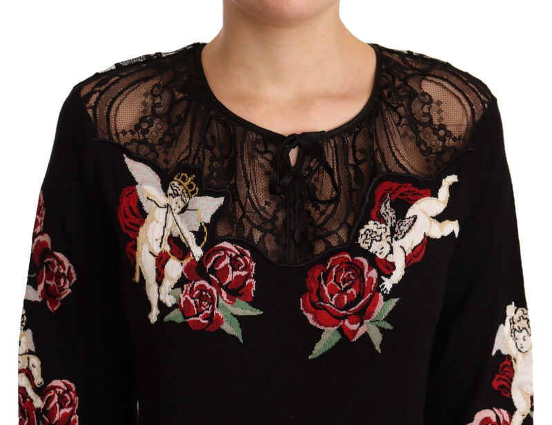 Black Silk Knit Roses Angel Pullover Sweater