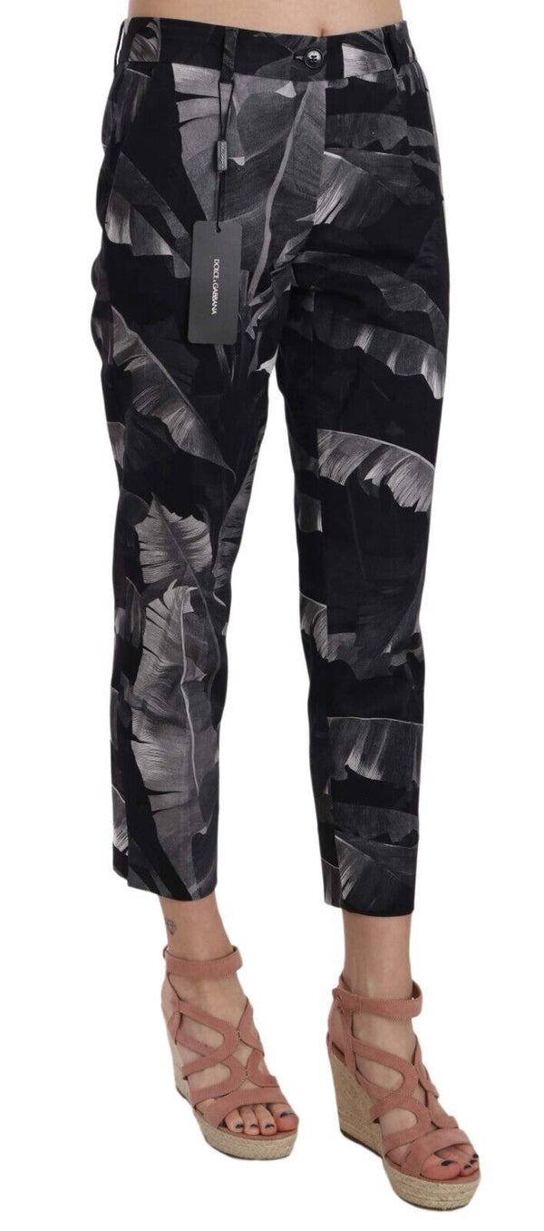 Black Banana Leaf Print Skinny Capri Pants