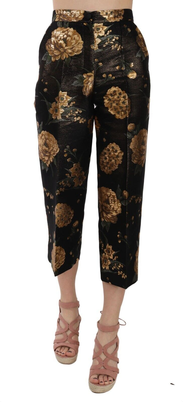 Black Gold Floral Jacquard Cropped Pants