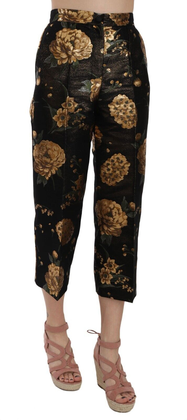 Black Gold Floral Jacquard Cropped Pants
