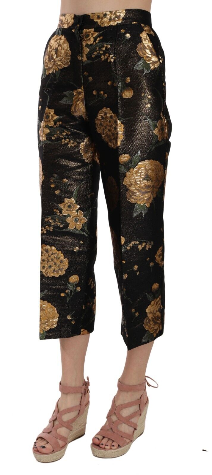 Black Gold Floral Jacquard Cropped Pants