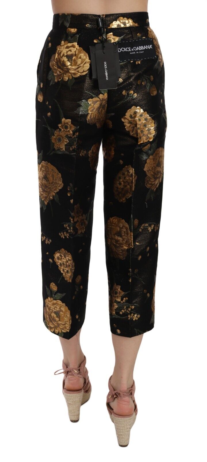 Black Gold Floral Jacquard Cropped Pants