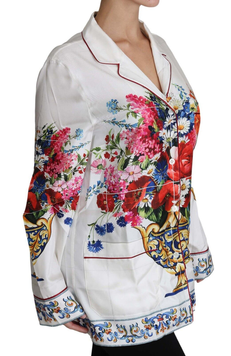 White Flower Vase Print Silk Lounge Blouse Top