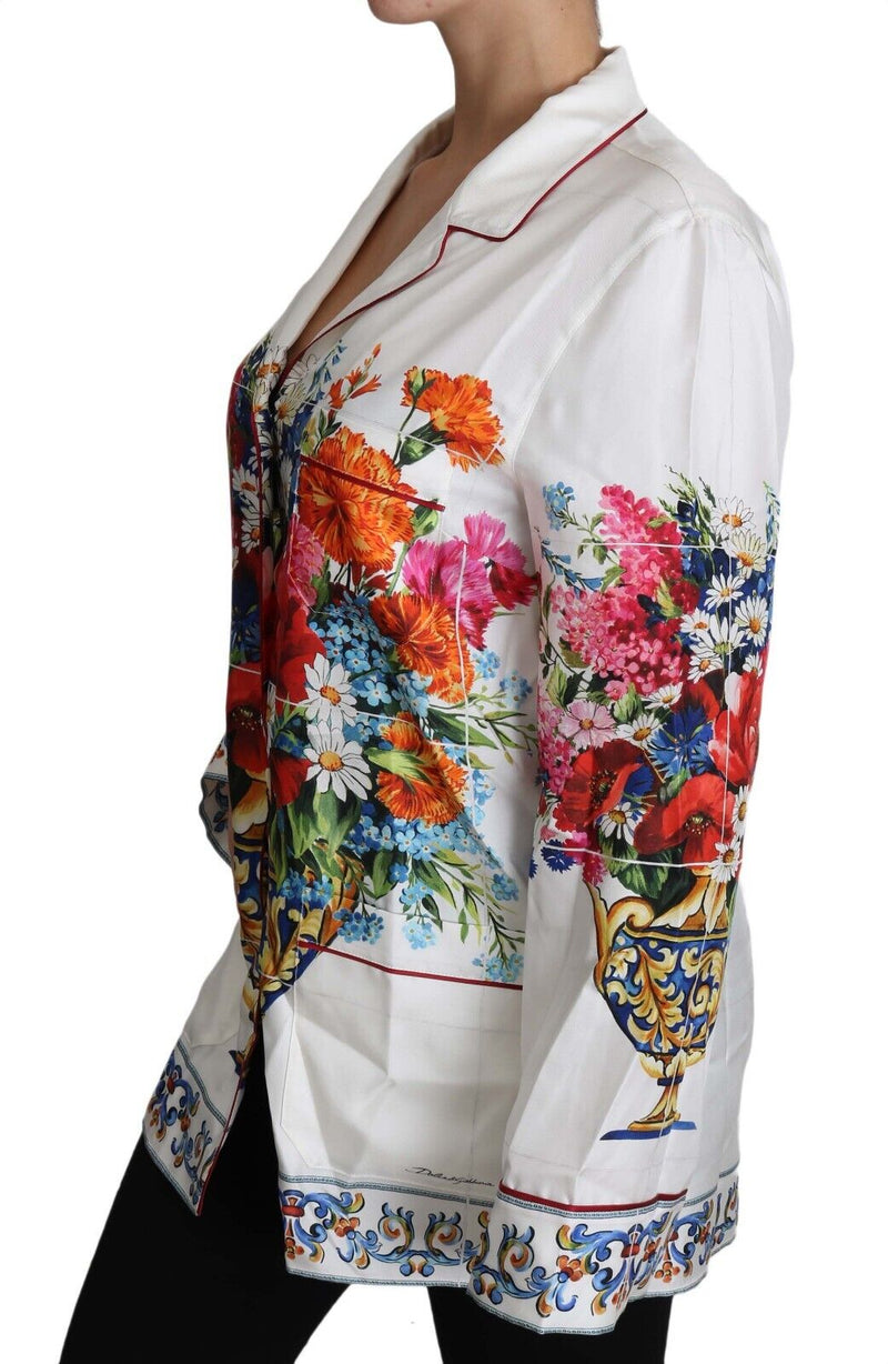 White Flower Vase Print Silk Lounge Blouse Top