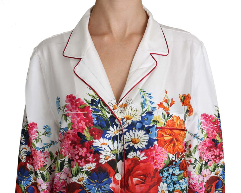 White Flower Vase Print Silk Lounge Blouse Top