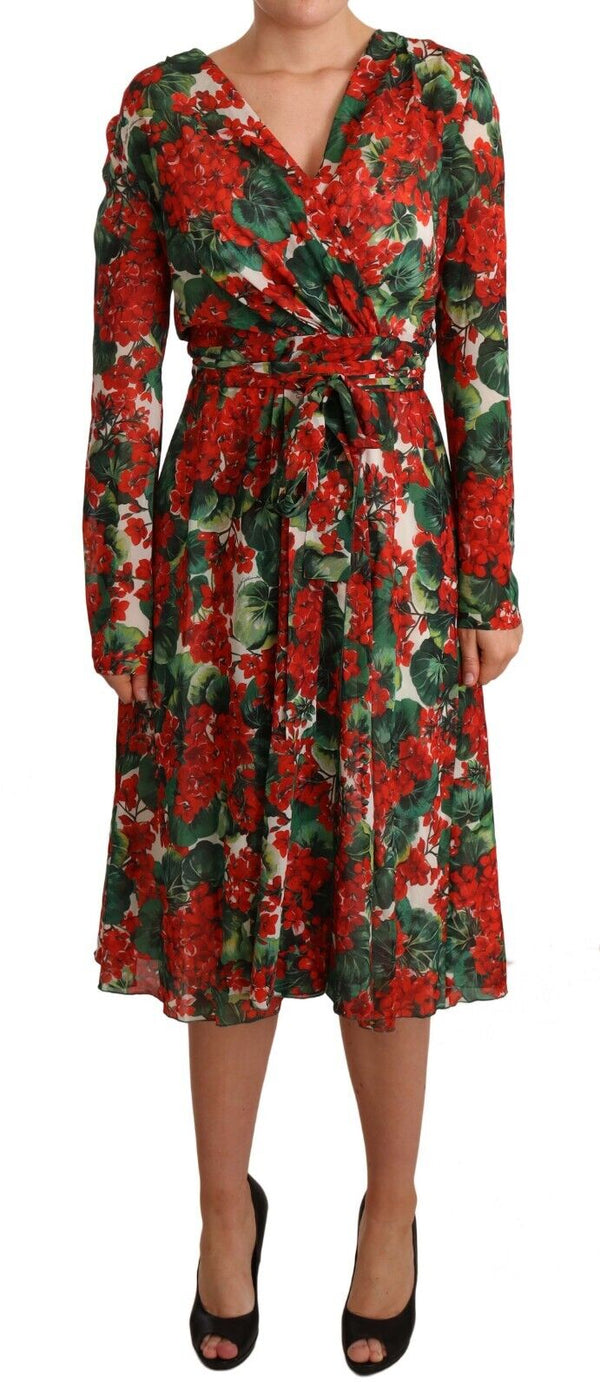 Multicolor Floral Print V-Neck Silk Midi Dress