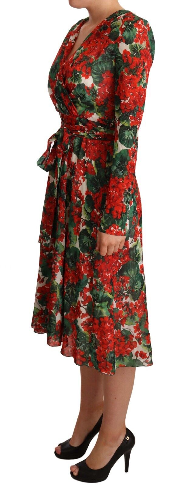Multicolor Floral Print V-Neck Silk Midi Dress