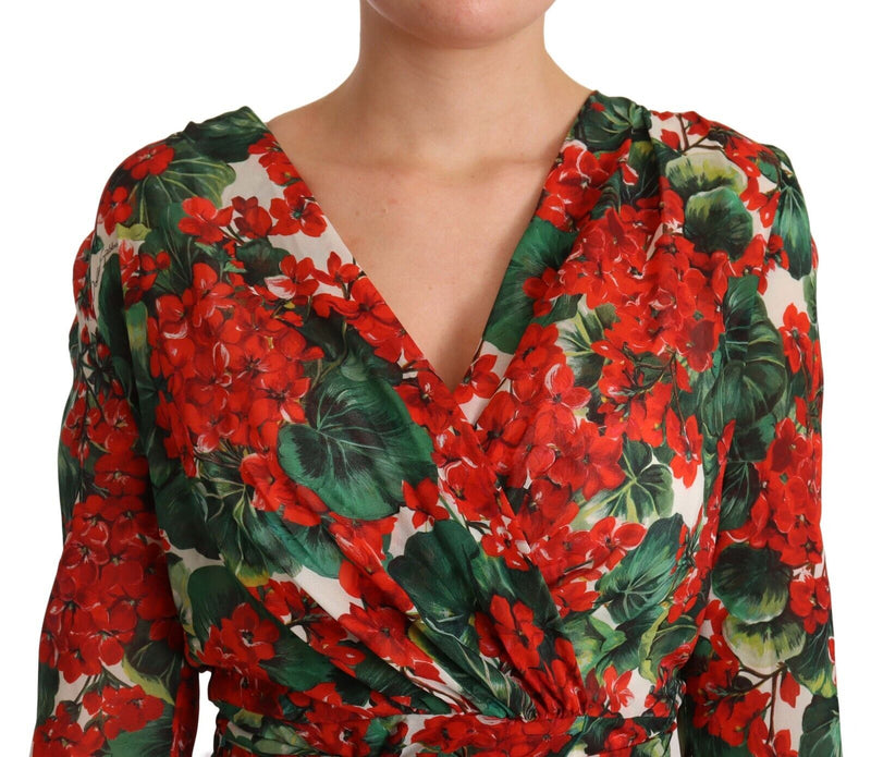Multicolor Floral Print V-Neck Silk Midi Dress