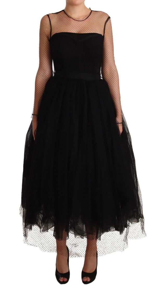 Black Nylon Mesh Fishnet Tulle Midi Dress
