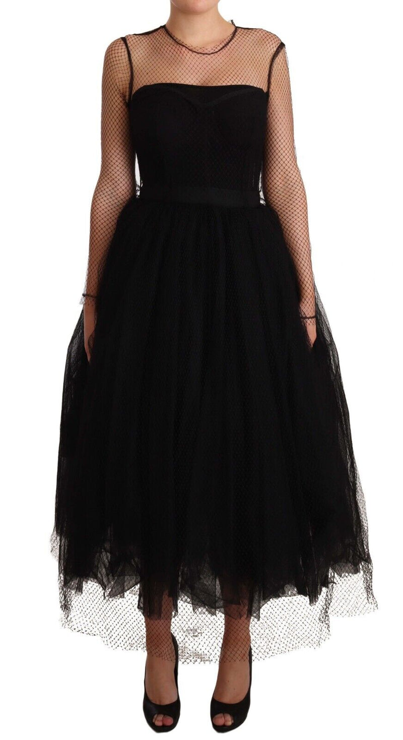 Black Nylon Mesh Fishnet Tulle Midi Dress
