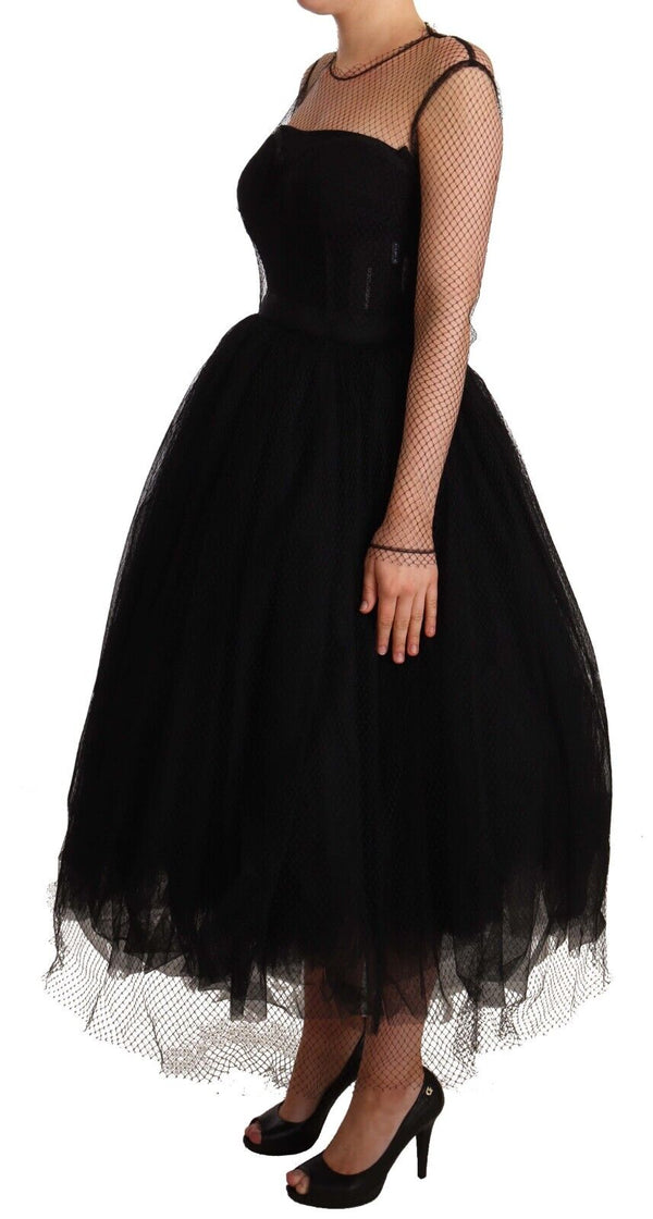 Black Nylon Mesh Fishnet Tulle Midi Dress