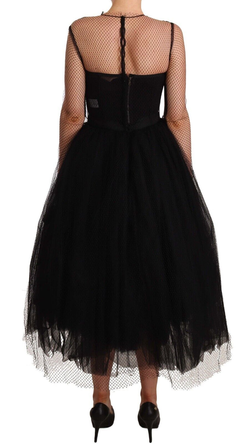 Black Nylon Mesh Fishnet Tulle Midi Dress