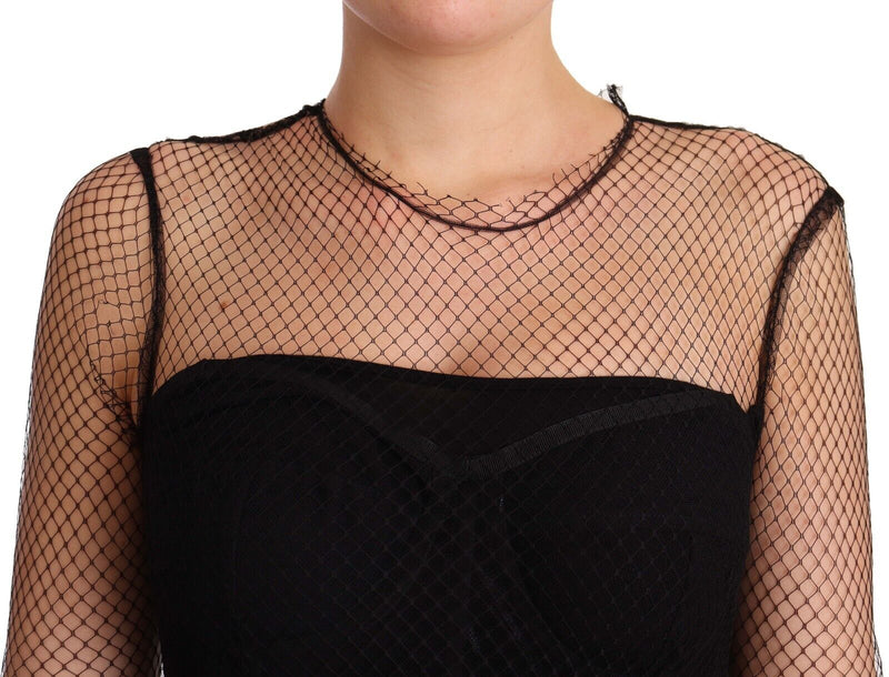 Black Nylon Mesh Fishnet Tulle Midi Dress