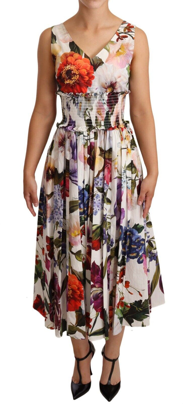 White Floral Print Cotton Poplin Midi Dress