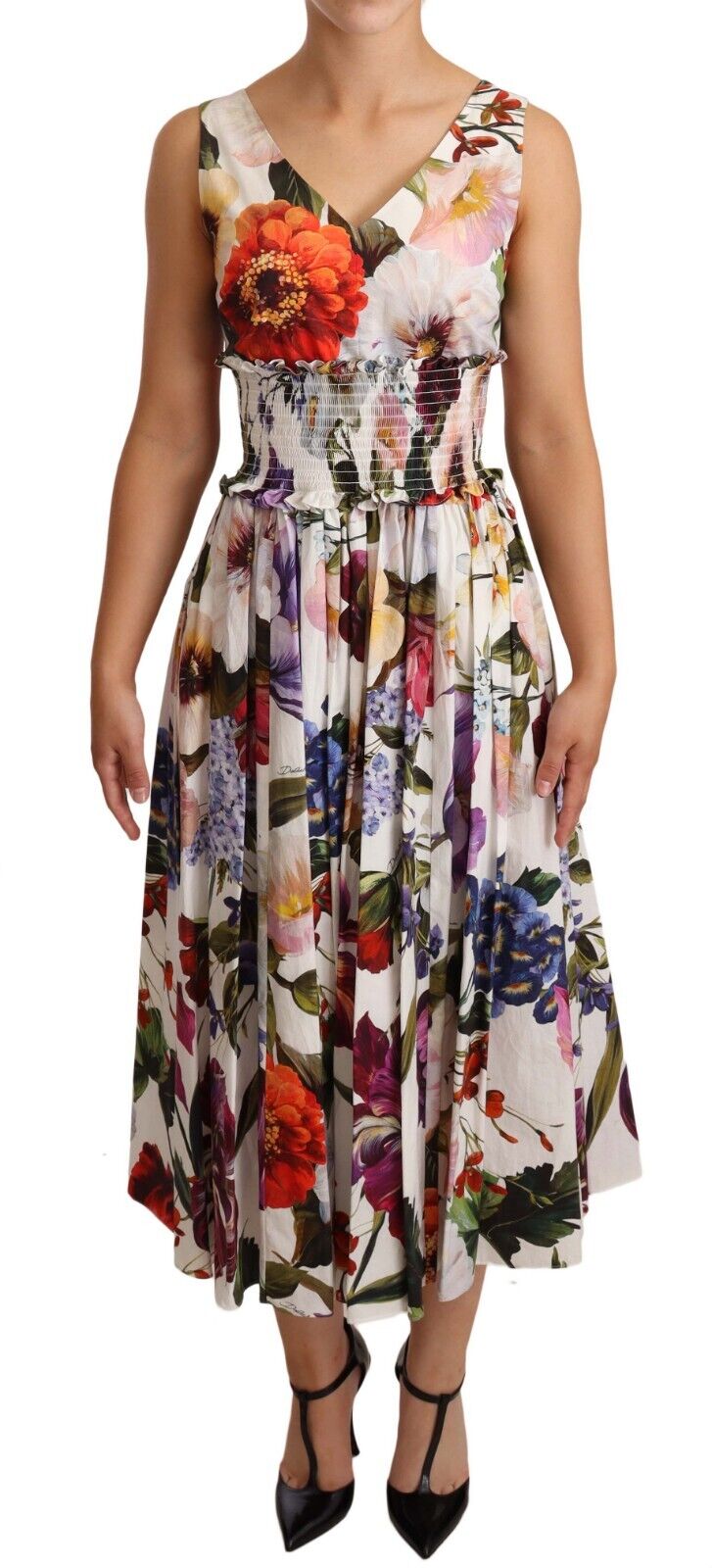 White Floral Print Cotton Poplin Midi Dress