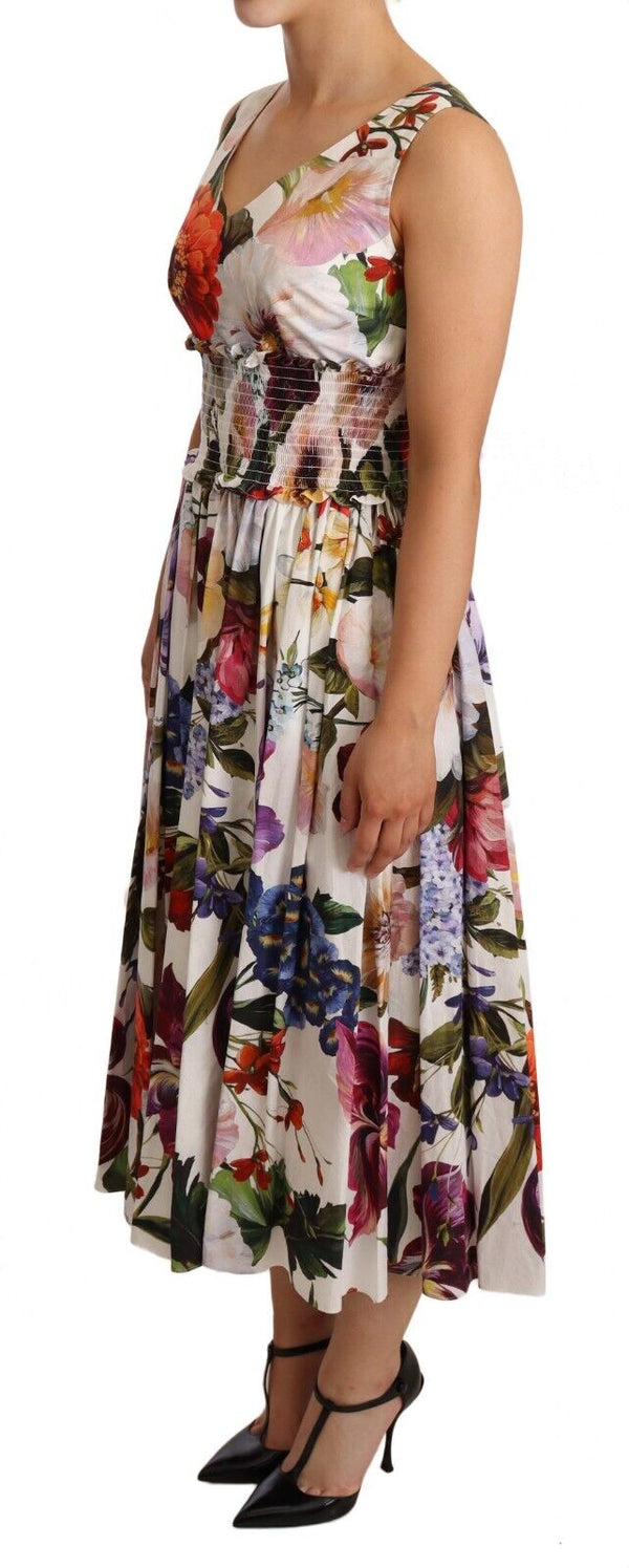 White Floral Print Cotton Poplin Midi Dress
