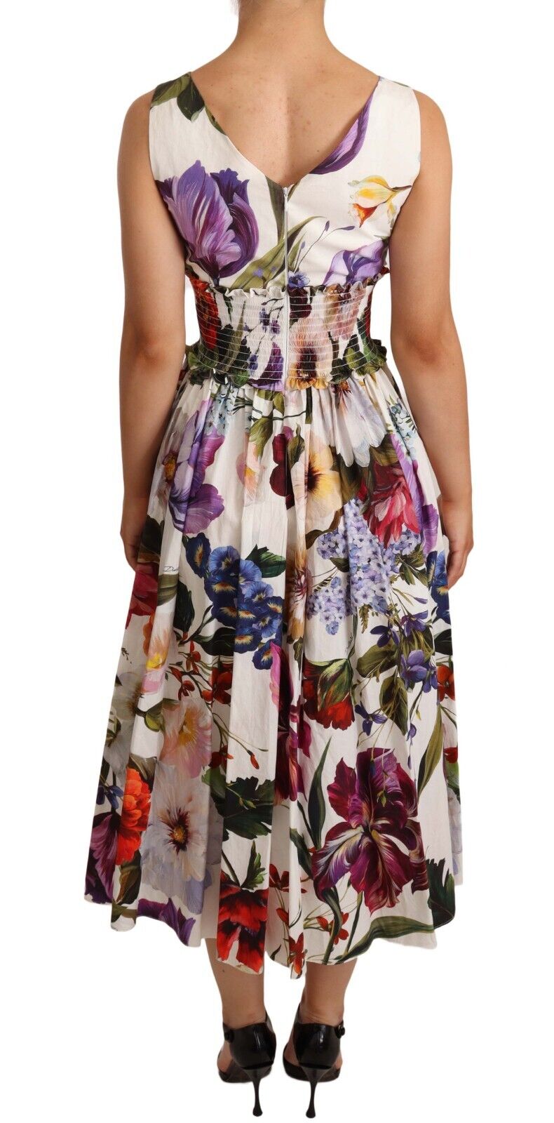 White Floral Print Cotton Poplin Midi Dress