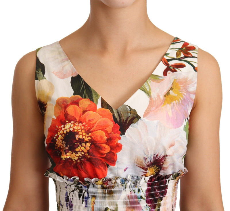 White Floral Print Cotton Poplin Midi Dress