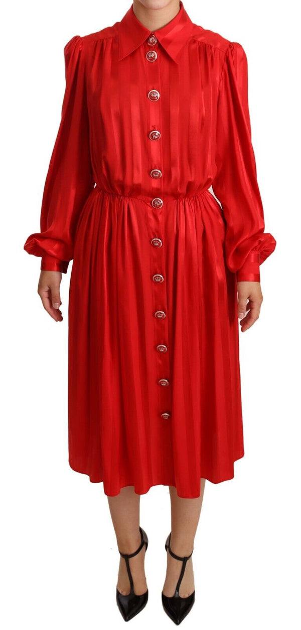 Silk Scarlet Red Puffed Sleeves Midi Dress