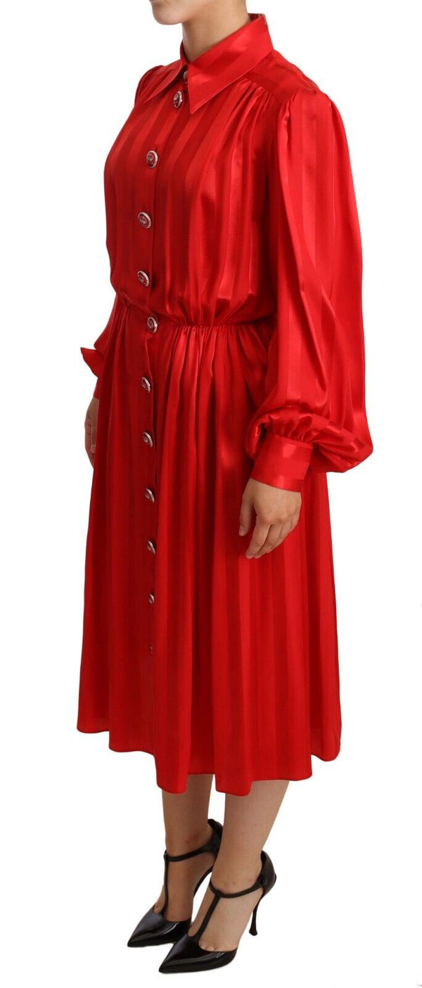 Silk Scarlet Red Puffed Sleeves Midi Dress