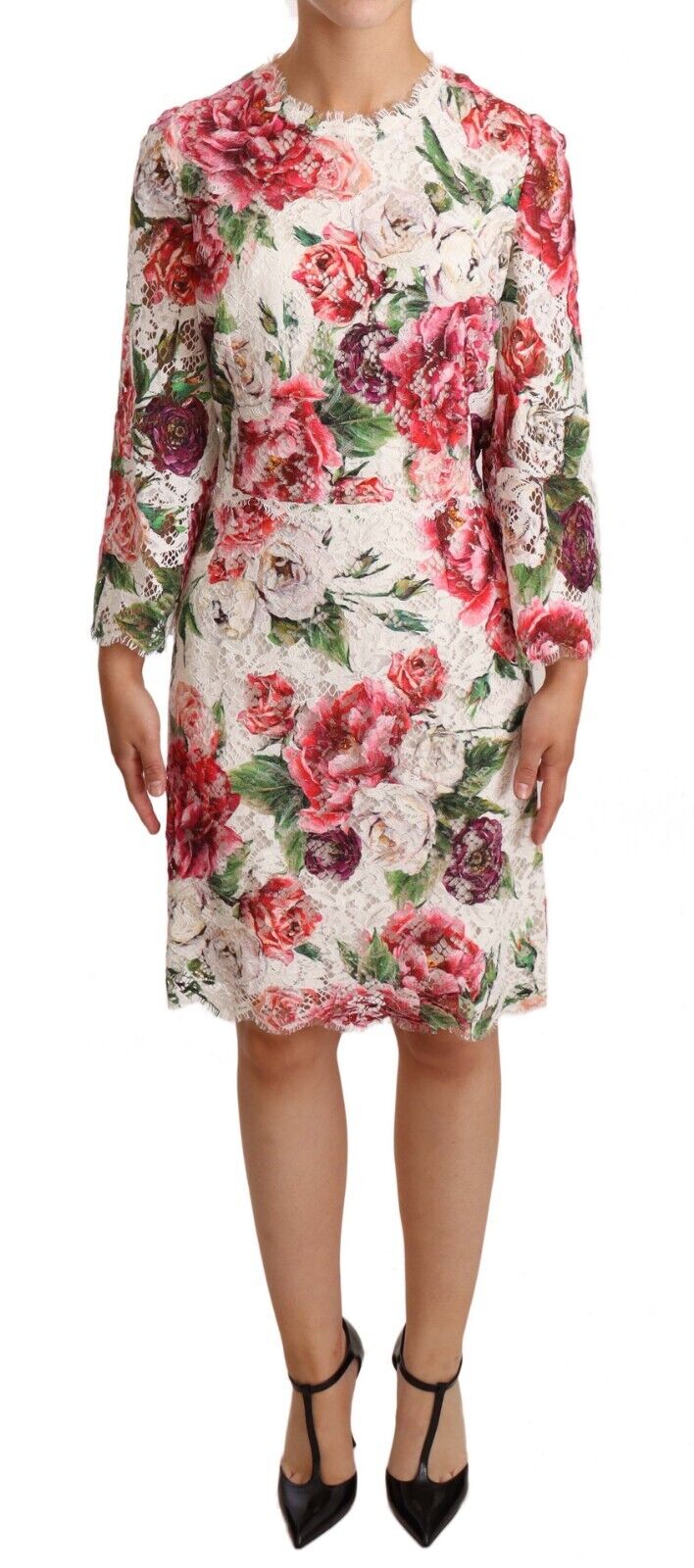 White Floral Print Lace Knee Length Dress