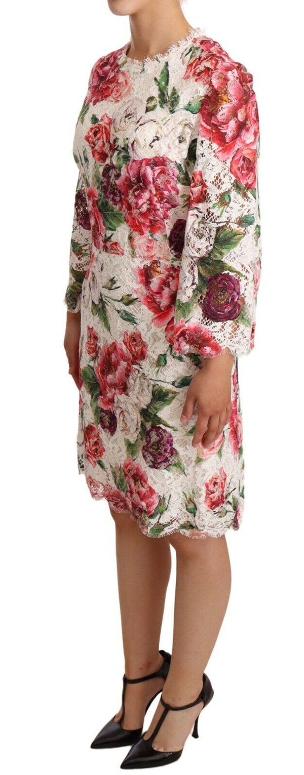 White Floral Print Lace Knee Length Dress