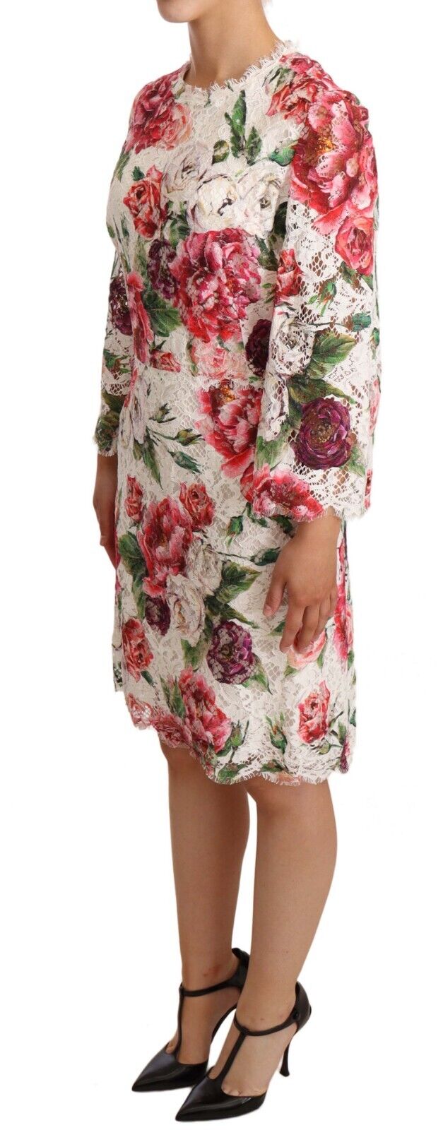 White Floral Print Lace Knee Length Dress