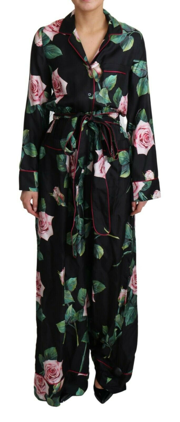 Black Rose Print Pajama Jumpsuit Silk Dress