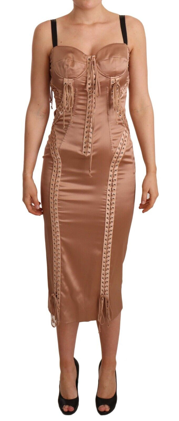 Nude Silk Bustier Corset Lace Up Bodycon Dress