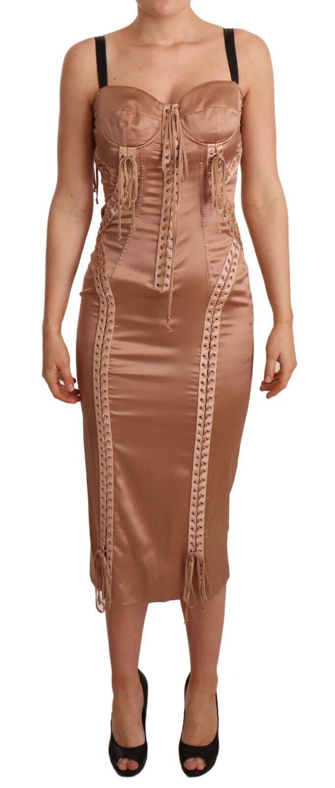 Nude Silk Bustier Corset Lace Up Bodycon Dress